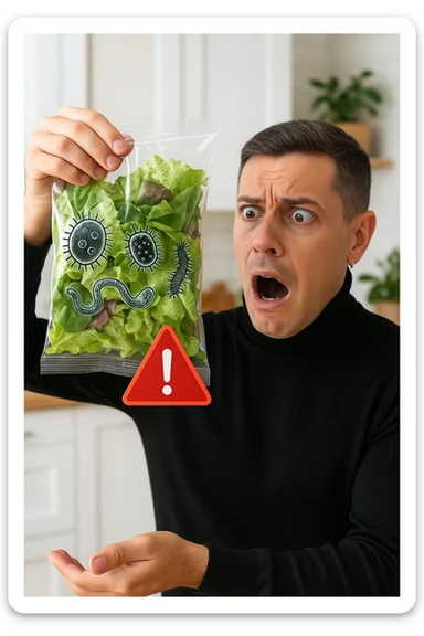 a man with a shocked expression holds a bag of salad greens up to the light. Through the clear plastic, enlarged and detailed images of various parasites and bacteria are visible among the leaves. A red warning triangle with an exclamation mark floats near the bag, emphasizing the health risk. The setting is a bright, everyday kitchen. sticker
