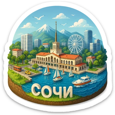 Изометричная, яркая, детализированная и фотореалистичная иллюстрация панорамы города Cочи на круглой подставке в стиле 3D-коллажей городов, чёткие линии, слегка мультяшная стилистика, прозрачный фон, не обрезать края картинки sticker