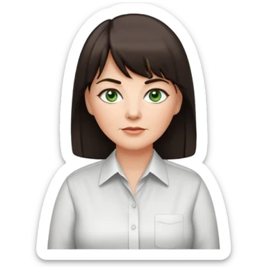 60 yr old woman, green eyes, long straight dark brown hair, business shirt, chubby, bangs sticker