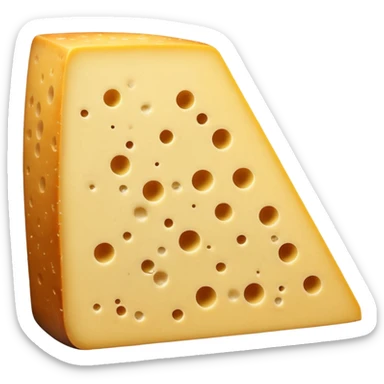 Comté cheese wedge with firm pale yellow interior, natural brownish dry rustic rind, smooth slightly grainy texture with tiny irregular holes, creamy body, clean 3D look, soft lighting, no board or extra elements, no faces, emoji scale sticker