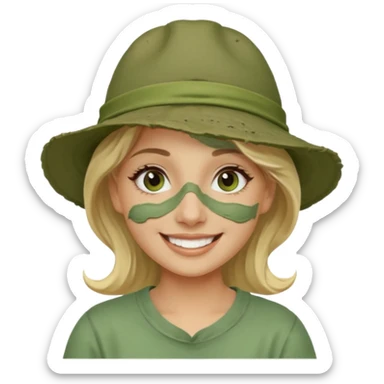 messy green clay mask and tourist hat blond braided woman big eyes smiling and clay mask on face sticker