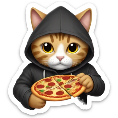 A hooded cat is holding btc in his hand , sweeter and Night-themes, Behind it is written pizza and JR crypto sticker