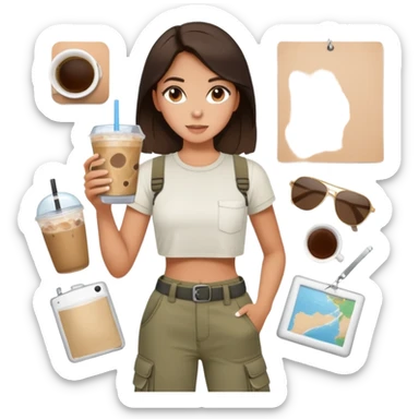 artsy brunette girl in cargo pants and crop top, holding iced coffee and a moodboard sticker