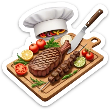 icon featuring a chef’s hat, a cutting board with fresh ingredients, a knife, a beautifully cooked ribeye steak, shashlik skewers, and a plate of food in the making. The design captures the passion of cooking with warm, inviting colors, and realistic textures. Transparent background. sticker