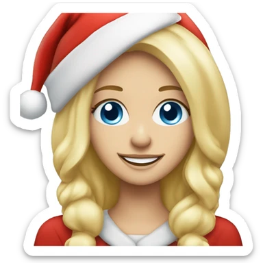 Beautiful blonde blue eyed woman smiling wearing red santa hat sticker