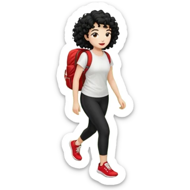 generate a pretty bratz fair skinned girl with curly black hair wearing a white tshirt trekking on a hill with red sneakers on and black leggings. Show HILLS around her sticker