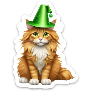 full body of orange maine coon cat with green eyes wearing a new year’s party hat sticker