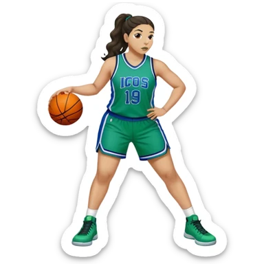 full body plus size light skin latino women basketball player with wavy dark hair in pony tail wide nose wearing green and blue uniform sticker