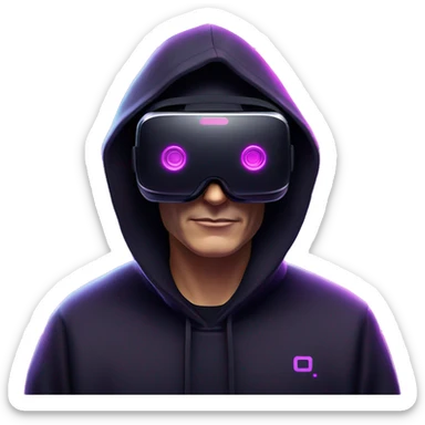 Vladimir Putin wearing a black hoodie with "OMG" letters on it and VR headset oculus quest 2 in a cyberpunk VR environment with violet neon lighting. sticker