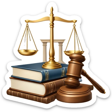 An icon featuring a gavel, scales of justice, and legal books, symbolizing law. The design includes a courthouse building in the background, representing the legal system and justice. Transparent background highlights the authority and structure of the law. sticker