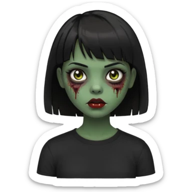 Zombie girl emoji verde escuro com cabelo curto liso preto no ombro e franja na altura da sobrancelha com uma blusa preta, olhos castanhos escuros sticker