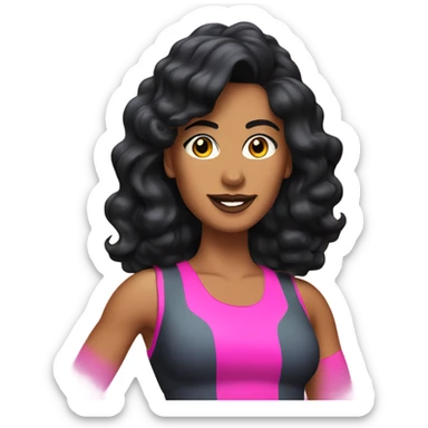 Tanned woman with black hair dressed in 1980s fitness hair, makeup, and neon attire  sticker