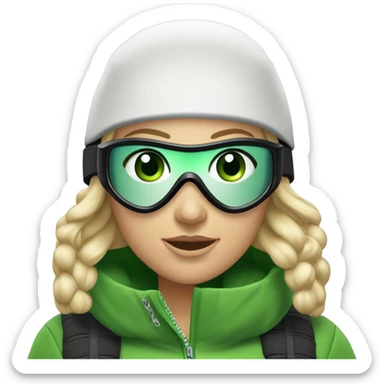 Green-eyed, fat female skier with medium-length straight blonde hair no curls, snow goggles on top of helmet, white ski helmet, gray snow jacket, green ski gloves, long black pants rolled up at the bottom, black only snow boots standing tall. sticker