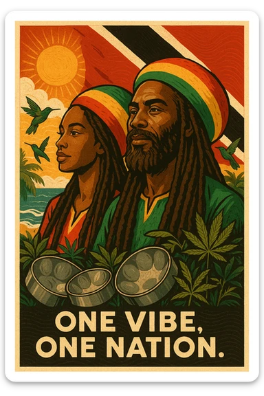 Create a vibrant digital illustration in vintage poster style featuring a proud Trinidadian Rasta man and woman with long dreadlocks and a bold red, gold, and green tam. The background should incorporate the Trinidad and Tobago flag in a stylized, textured way — using deep red, black, and white tones that blend with tropical elements. Surround the figure with iconic cultural symbols like steelpan drums, ganja leaves, and hummingbirds in flight. Add warm Caribbean sunlight, ocean waves, and lush greenery to enhance the island energy. The Rasta man should radiate peace, power, and island wisdom — with bold facial features, calm expression, and a sense of spiritual presence. The overall tone should be rootsy, regal, and rich with island soul — merging reggae culture with Trinidadian pride. Optional accents: subtle soca rhythm lines in the background or a quote like “One Vibe, One Nation.” sticker