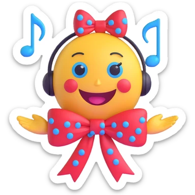 3D smiley emoji, large eyelashes, red polka dot bow, proud, head held high, blue eyes, musical notes sticker