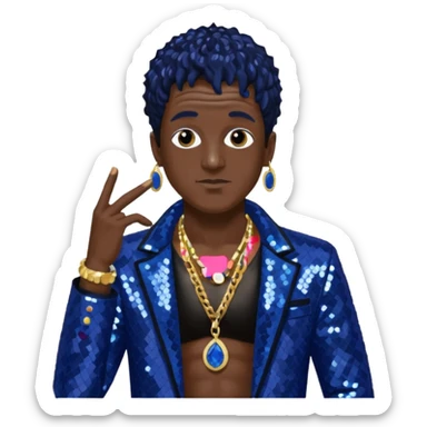 Flavor Flav with dark brown hair, indigo sequin jacket, shirtless with necklace sticker