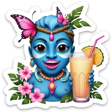 Pixar style little Blue and pink tiki singing with a butterfly and tropical drink, ultra detailed and lifelike imagery, realistic sticker