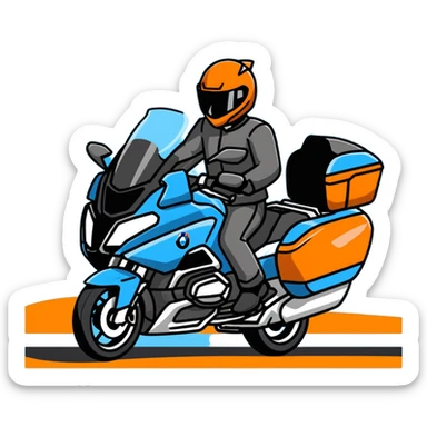 blue BMW R 1200 RT touring motorcycle with rider on road sticker