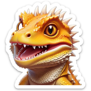 Cinematic Comical Bearded Dragon Portrait Emoji, Head tilted dramatically with an exaggeratedly amused expression, featuring a striking, glossy scaled hide with a quirky, spiky beard and wide, expressive eyes full of playful disbelief, Simplified yet hilariously expressive features, highly detailed, glowing with a slightly sassy glow, high shine, dramatic yet playful, stylized with an air of cheeky mischief, bright and endearing, soft glowing outline, capturing the essence of a spirited and over‐the‐top dragon, so meme‐worthy it feels like it could snap its jaws into internet fame instantly! sticker