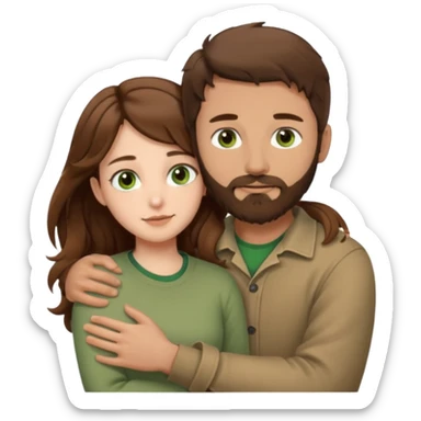 a man with short brown hair and brown beard with brown eyes and a girl with long brown wavy hair with green eyes, togheter. neutral clothes, hugged each other sticker
