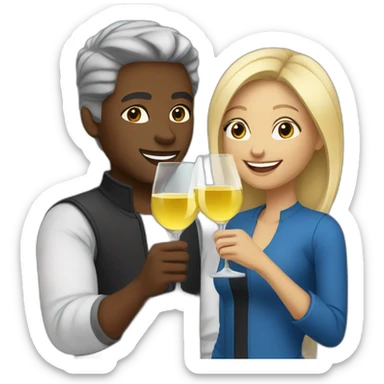 A black female with brown eyes and blond medium long hair and a black male with blue eyes and grey hair, they toast to each other with a glass of white wine. sticker