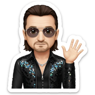 Bono from U2 with long dark brown hair, black sequin outfit  sticker