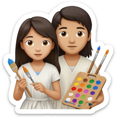Asian boy with long hair  and girl painters sticker