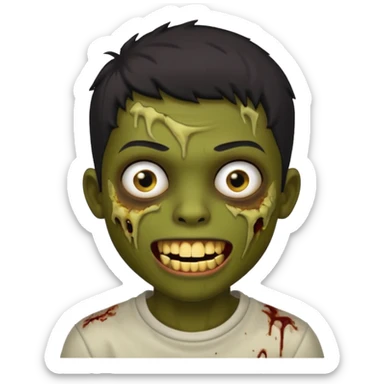 Make a boy zombie dark skin and short black 4c hair, showing a golden grilz teeth sticker