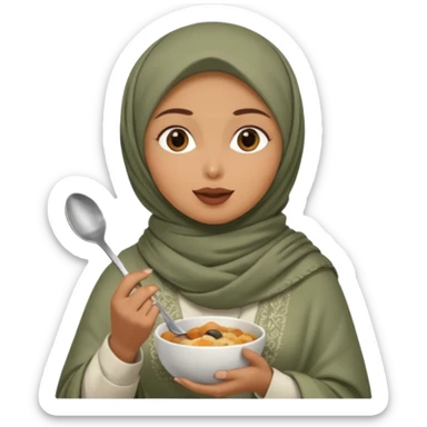 a woman wearing a pashmina hijab is eating while holding a spoon sticker
