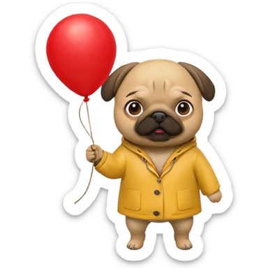 pug in yellow raincoat holding red balloon on string sticker