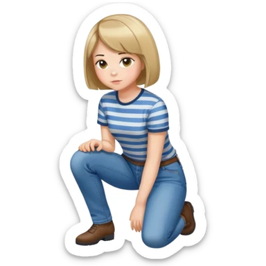 girl with short bob haircut in jeans and striped shirt kneeling on the ground seen from behind sticker
