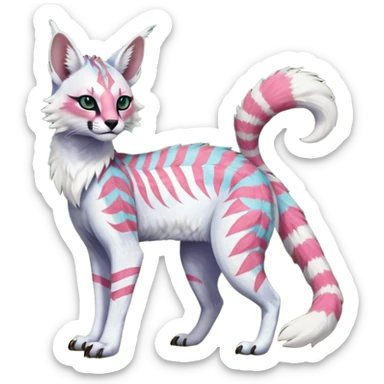 Colorful tropical feathery tribal pale light fruity pastel white glorious iridescent divine exotic cute albino neon vibrant spooky evil zigzagged cool beautiful fantasy-caracal-civet-genet-sergal-vernid-Gryphon-Cacomistle-Trico-oncilla-animal-Fakémon-hybrid-fursona (full body), facial markings,  sticker
