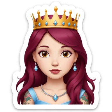 Beautiful tattooed long burgundy haired girl wearing a princess crown sticker