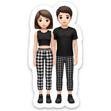 white girl with short brunette hair and eyelashes a little long with a black crop top and black and white plaque pants on top of a white boy with brunnete fluffy hair and long black shirt on and black and white plaque pants. sticker