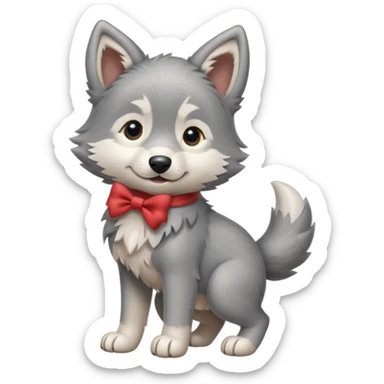 an animated gif-style sticker emote of a wolf puppy in a play bow wagging its tail in a smooth, natural arc over its back  sticker