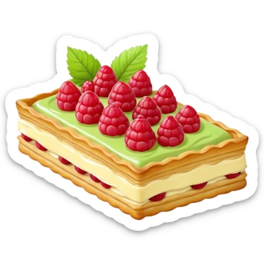 rectangular puff pastry tart, golden brown flaky with visible pastry layers. add on top piped rows of pale green cream custard and red raspberries arranged in a line sticker