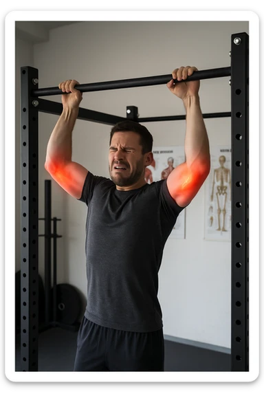 a man in athletic wear esegue una trazione alla sbarra in palestra. I suoi gomiti sono evidenziati con un alone rosso acceso o un effetto glow, indicando infiammazione. Un’espressione di dolore è visibile sul suo volto. Sullo sfondo, attrezzi da palestra e poster anatomici. L’atmosfera è educativa e realistica. sticker