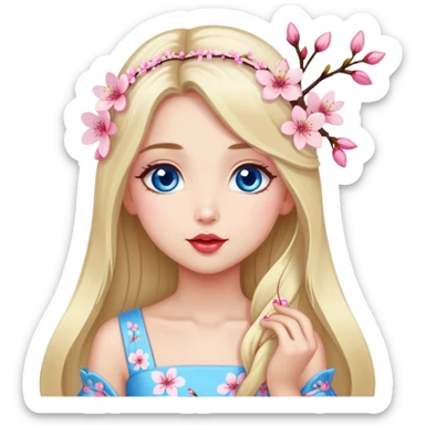 Turkish Girl with long blond hair with cherry blossom accessories on her hair with a long tailed cherry blossom dress on the ground and have blue eyes with beautiful finish and she sending lovely kisses  sticker