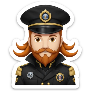 An auburn-hair'ed admiral with a flawless bear and mustache wearing a black admiral outfit and hat with Wolf Ears coming out of the hat, and 9 tails behind him, with the admiral black shirt featuring on the left breast pocket the insignia of Helldivers 2 sticker