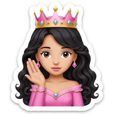 Very very very tanned skin princess, with long black wavy hair and crown and an pink princess outfit with a cute pose with face leaned on her hands sticker