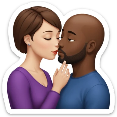 a white woman with short brown hair and a black man with no hair and a beard are facing one each other.  The woman is giving a kiss to the man's forehead sticker