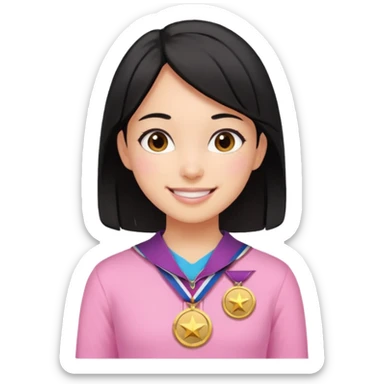 black haired girl wearing pastel pink with medals remove any hats, make her smile sticker