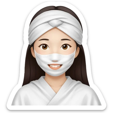 Smiling Asian girl with large white sheet mask pack sticker