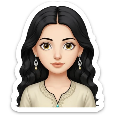 a pretty bratz fair girl with long wavy black hair, kajal under eyes, small silver hoop. ivory coloured kurti sticker