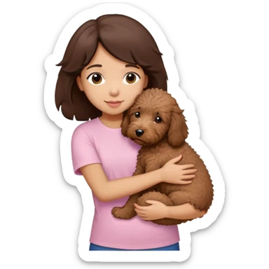 One girl with medium long dark brown hair dressing baby pink T-shirt, hugging One little brown coated labradoodle. sticker