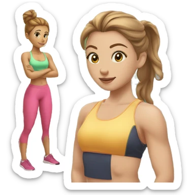 young lady with big greenish eyes, a round nose, light brown hair tied up in a bun with a muscular woman doing spinal exercises at the gym sticker