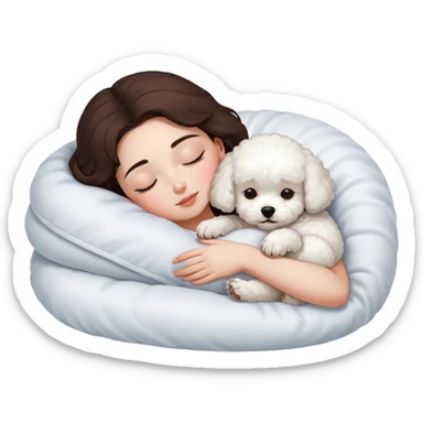 White bichon frise dog sleeping on brunette white girl's lap sticker