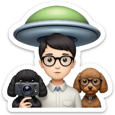 A little boy with straight black medium-length hair, white skin, and black eyes wearing black-framed glasses is taking photos on a UFO with a camera. Beside him, there is an alien and a brown round-headed poodle. sticker