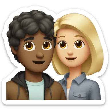 a guy with dark hair and a girl with blond hair and a bob and between them a little black Spitz sticker