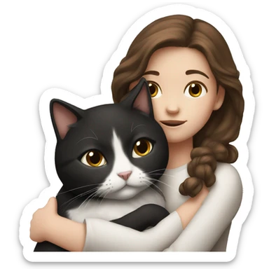 Girl with brown hair cuddling with black and white cat sticker